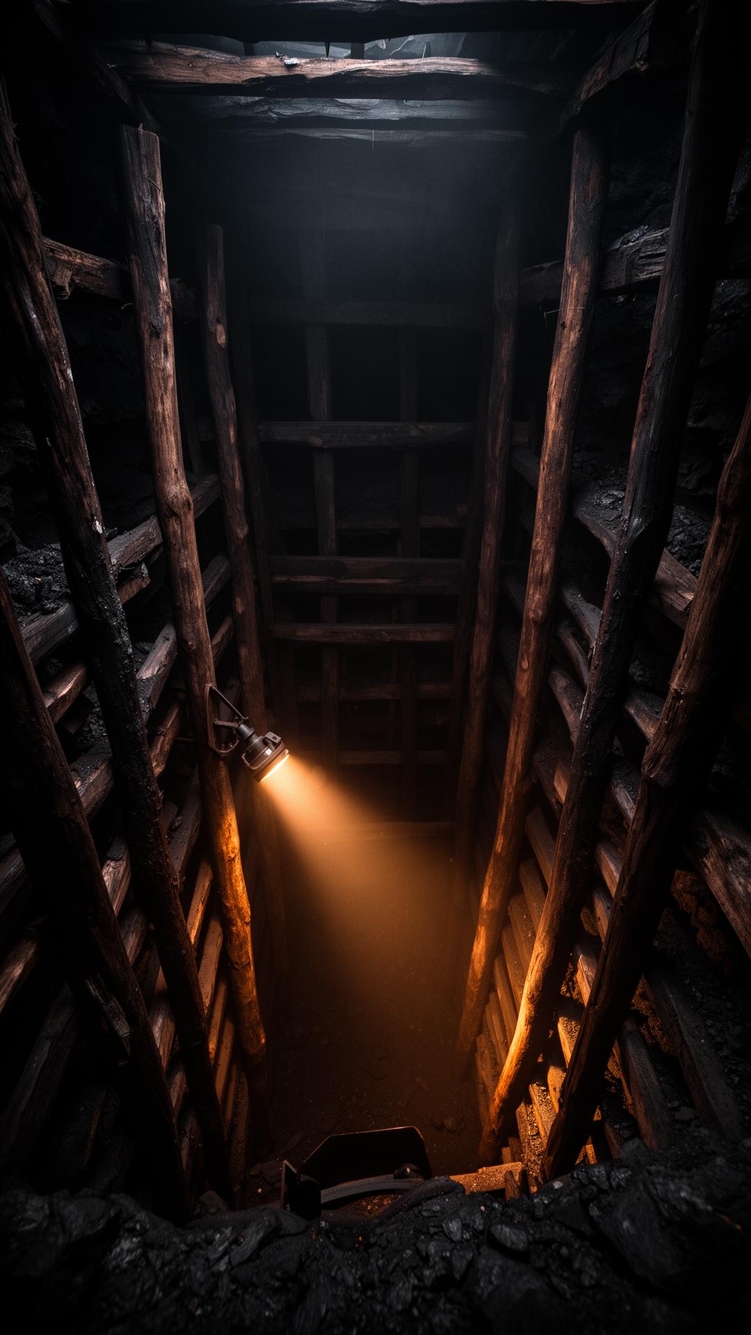 Mine shaft with timber supports